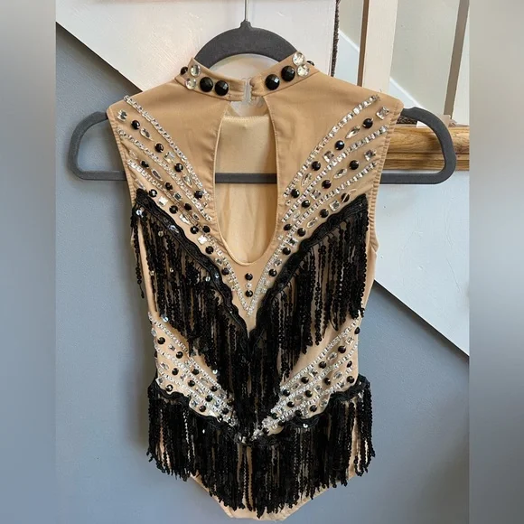 Glamour, Beaded & Jeweled Tan & Black Dance Costume w/ Built-in Leotard, Adult S - Picture 2 of 6